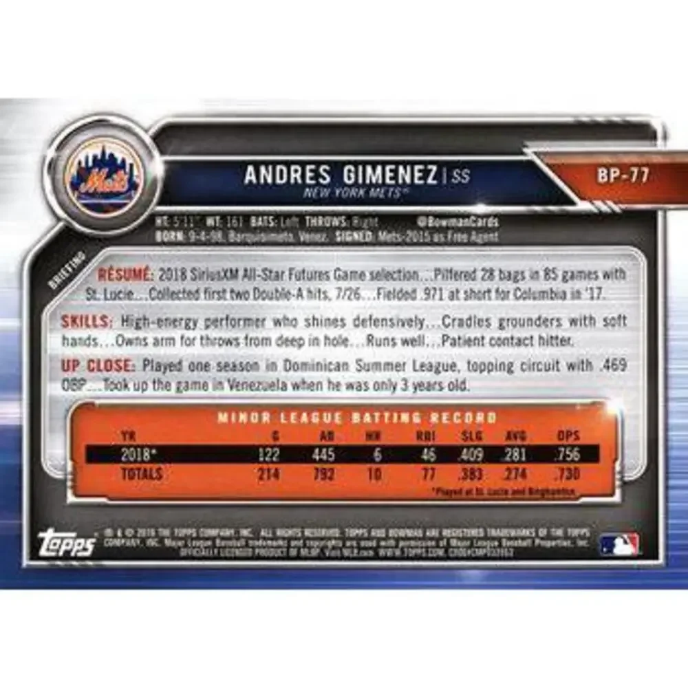 2019 Bowman Prospects Andres Gimenez #BP-77 New York Mets